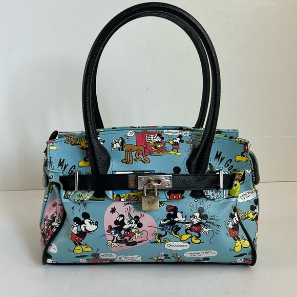 Disney blue Mickey Minnie Pluto cartoon hearts black handle satchel purse comic - Picture 1 of 16